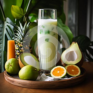 Tall Glass of Clear and Refreshing Buko Juice with Tropical Fruits