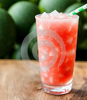 Tall glass of coconut watermelon slush with watermelon chunks, coconut water, and ice cubes, garnished with a watermelon