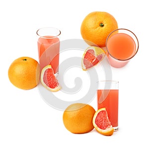 Tall glass filled with the grapefruit juice and fruits, composition isolated over the white background