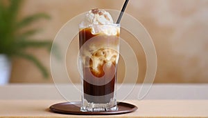 A tall glass of iced coffee drink with ice cream on wooden counter