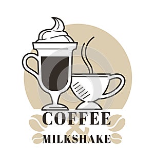 Tall glass mug of latte milkshake and a steamy cup for coffee and milkshake logo