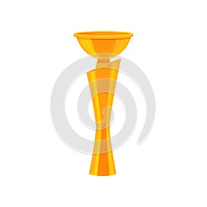 Tall golden champion trophy. Shiny gold cup. Award for winner of competition. Flat vector for advertising poster or