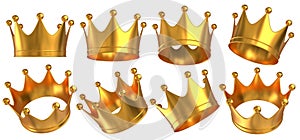 Tall golden crowns for queen or king. Crowns in different positions. 3D rendered image set.
