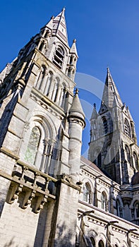 The tall Gothic spire of an Anglican church in Cork, Ireland. Neo-Gothic architecture. Cathedral Church of St Fin Barre, Cork -