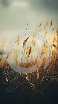 tall grass blowing in the wind at sunset