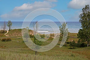 Tall grasses, trees and shrubs growing on hills of sand dunes, in front of Lake Michigan, at Kohler Dunes State Park Natural Area