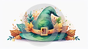 Tall green witch hat painted illustration