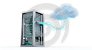 Server rack with glowing lights and cloud computing network visualization on white background