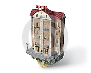 Tall hotel building on a severed piece of ground