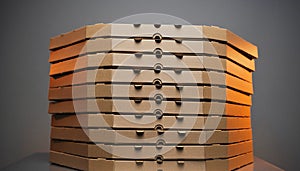 Tall Stack of Brown Cardboard Pizza Boxes on Dark Background