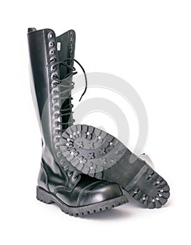 Tall knee high combat boots with screwed on soles photo