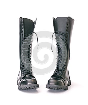 Tall knee high combat boots with screwed on soles photo