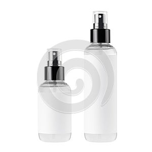 Tall, low transparent spray dispenser bottle for cosmetics with white label, isolated, mock up for branding,  presentation, design