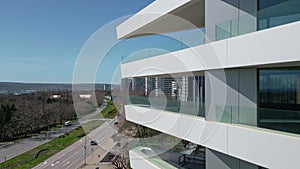 Tall modern building facade with many windows