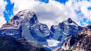 The tall mountain peaks of Grand Teton 13,770 ft and Mount Owen 12,928 ft with the Teton Galcier in the Teton Range photo