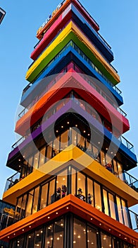 A tall multi-colored building with many windows and balconies