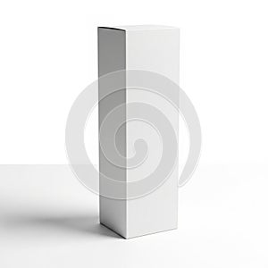 Tall, Narrow White Rectangular Box on a White Surface with Soft Shadow packaging container