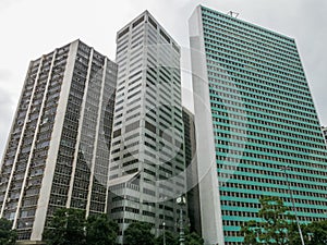 The tall old and new commercial buildings in the city center of Rio de Janeiro, Brazil.