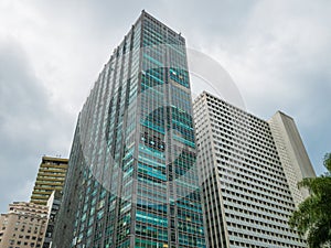 The tall old and new commercial buildings in the city center of Rio de Janeiro, Brazil.