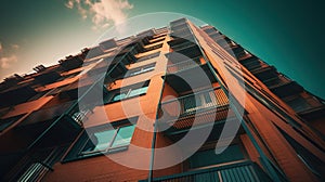 a tall orange building with balconies and balconies