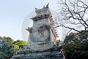 A tall pagoda at the Mount Luojia, which lies in the Lotus Sea to the southeast of Putuo Mountain, Zhoushan, Zhejiang, the place