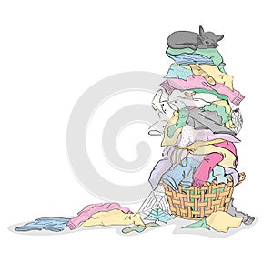 Tall Pile of Dirty Laundry in Basket with Cat and Critters