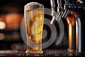 Tall pilsner glass of beer on a bar counter