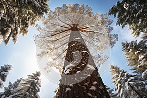 A tall pine tree with a canopy of white snow, backlight photography