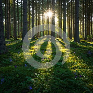 Tall pine trees create vertical patterns in a forest with sunlight streaming through,