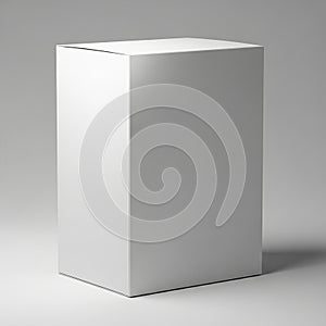A tall, plain white rectangular cardboard box stands against a neutral gray background. The box is