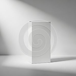 Tall rectangular white box set against a minimalist gray background. The box's