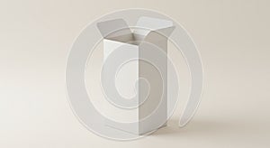 Tall, rectangular white cardboard box with open top flaps, standing upright. The box ha