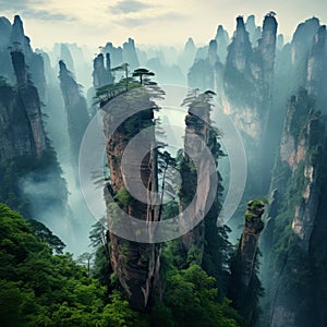 a tall rock formations with trees and fog with Wulingyuan in the background