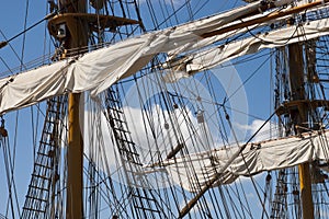 Tall Sailing Ship, Closeup Detail of Mast, Sails photo