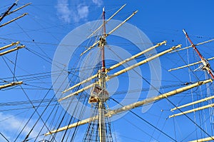 Tall Sailing Ship, Closeup Detail of Mast, Sails