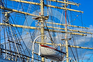 Tall Sailing Ship, Closeup Detail of Mast, Sails