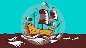 Tall Sailing Ship Retro Woodcut