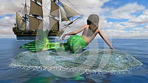 Tall Sailing Ship, Sea Mermaid Illustration