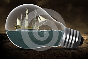 Tall Sailing Ship, Surreal Light Bulb, Water