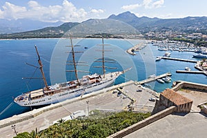 Tall sailship in harbor of Calvi Corsica