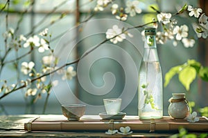 A tall sake bottle and a small sake cup next to it