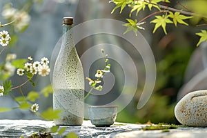 A tall sake bottle and a small sake cup next to it