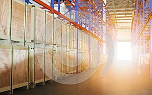 Tall Shelves Storage Warehouse Interior. Cargo Wooden Boxes in Storage. Supply Chain Shipping Warehouse Logistics.
