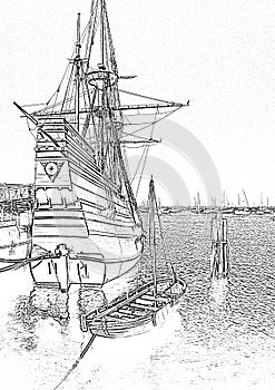 Tall Ship docked in bay illustration