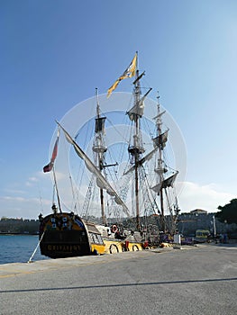 Tall ship frigate docked in Rhodes