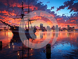 tall ship in modern harbor at sunset