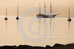 Tall Ship Silhouette Calm Waters