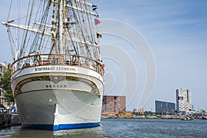 Tall ship Statsraad Lehmkuhl is moored at the quay in Amsterdam during Sail 2015.