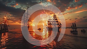 Tall Ships Bask In The Glow Of Sunset And Fireworks On A Calm Sea, Evoking A Historical Ambiance
