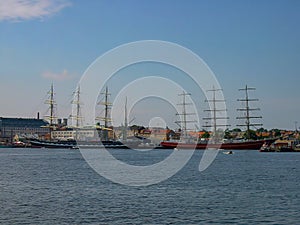 Tall ships docked in the Old Town Gamla Stan in Stockholm